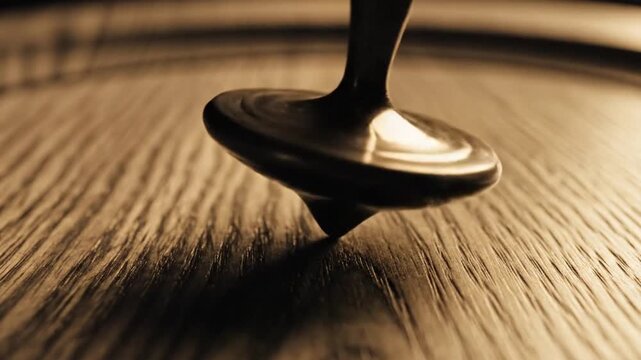 A metal spinning top rotates on a textured wooden surface in soft light