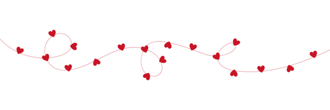 Paper red heart string frame. Valentine day garland. Love background. Wedding banner. Happy Holiday decoration. Birthday party bg. Hanging confetti. 8 March card. Vector illustration