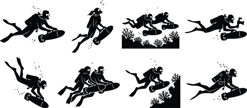 Scuba divers exploring underwater with equipment