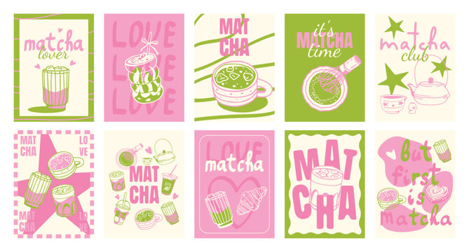 Cute matcha drinks poster design in hand drawn style. Fresh drink, teapots, bowls, and tea tools. Minimal doodle beverage illustrations for planners, cafe menus, marketing, packaging, ads