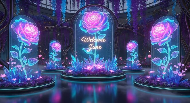 Vibrant holographic light display with geometric patterns and neon effects.