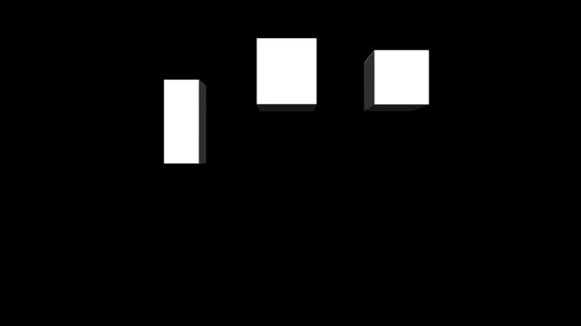 Dynamic interplay of luminous white rectangular prisms against a deep black backdrop, evoking structural simplicity and digital abstraction