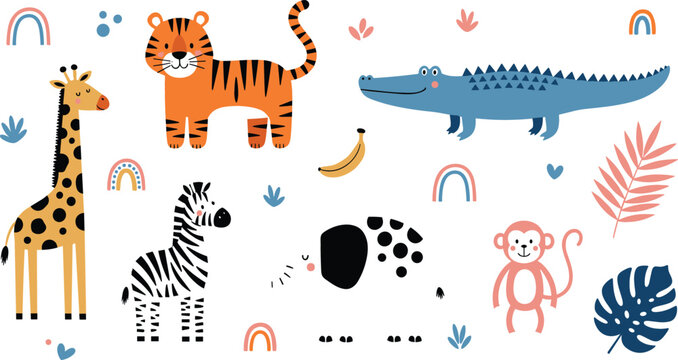 Cute safari animal vector illustration set with giraffe tiger crocodile zebra elephant and monkey for nursery baby shower design