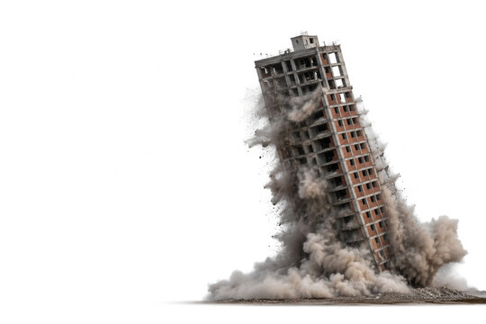 High rise building collapses with dust on white background. Space for text.