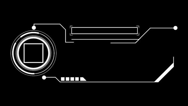 Futuristic HUD element with glowing circuits and abstract geometric shapes on a dark background