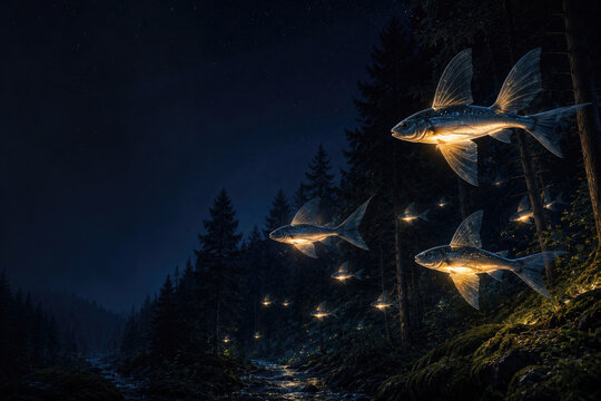 Glowing fish fly through a dark night forest. Space for text.