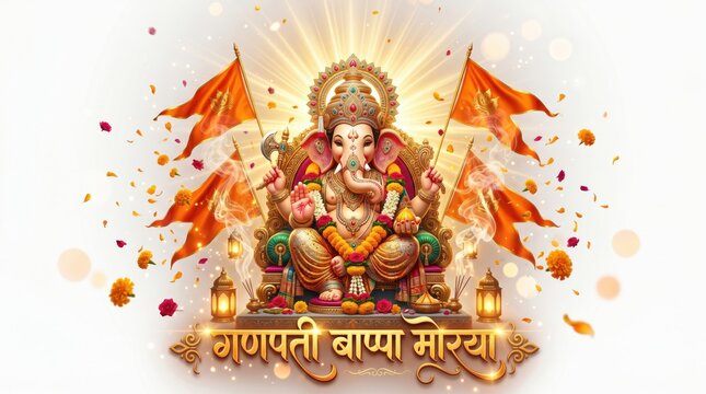 Lord ganesha sitting on a throne with orange flags and flowers