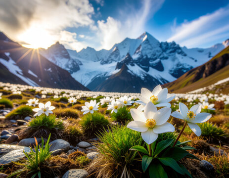 alpine landscape featuring delicate bloodroot flowers blooming across a pristine Himalayan meadow beneath dramatic snow capped peaks.