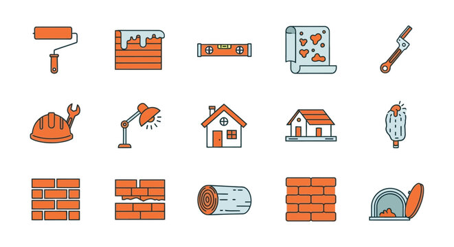Construction Icons Paint Roller Brick Wall Tools And House Designs
