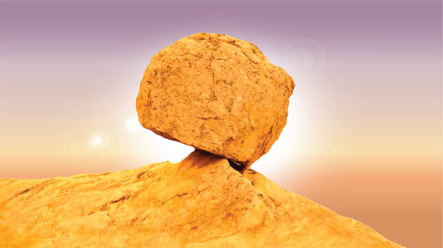 Huge monumental rock standing on the edge of stone desert rocky mountain cliff with sun glow and hallo in the background surrealistic or science fiction cinematic vector illustration