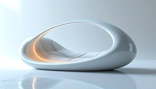Futuristic egg-shaped lounge chair with soft internal illumination, modern interior design element, minimalist contemporary furniture