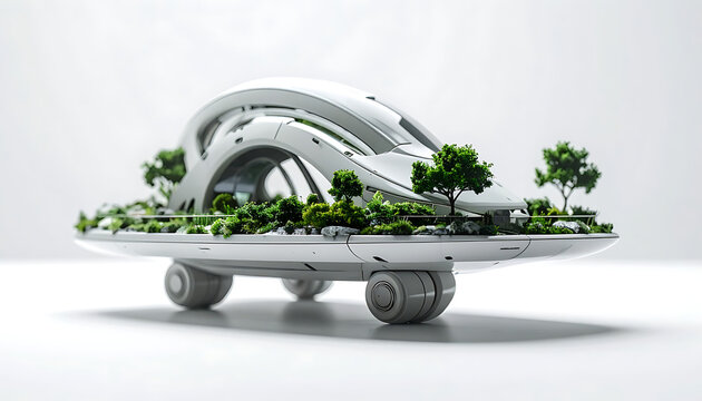 Futuristic eco-friendly transportation concept, a sleek white vehicle with integrated greenery and sustainable design elements, offering clean urban mobility and innovative architecture