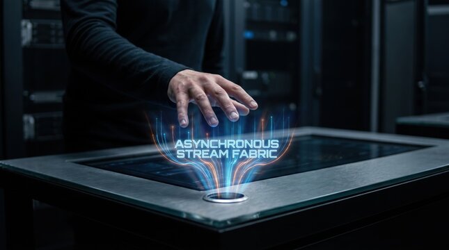 Innovative technology Touching a holographic interface displaying 'Asynchronous Stream Fabric' in a server room