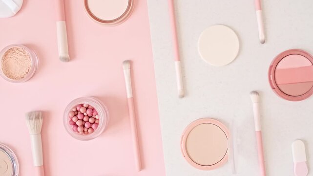 Makeup products brush set on pink background. Professional decorative cosmetics on the table. The beauty of natural look. Make-up, the concept of skin care. High quality 4k footage