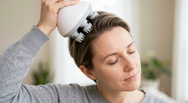 Woman using an electric head massager on her scalp. Female relaxing with a white massage device at home. Personal care and stress relief health technology