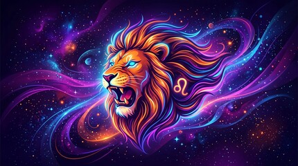 Obraz premium Neon lion head roaring with Leo zodiac symbol in mane. Cosmic galaxy background with colorful nebula swirls and stars. Digital art of Leo constellation sign