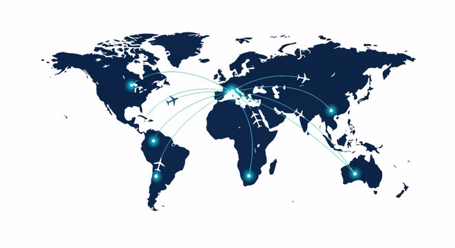 Global Flight Routes and Network Connectivity World Map with Airplanes and Glowing Path Lines