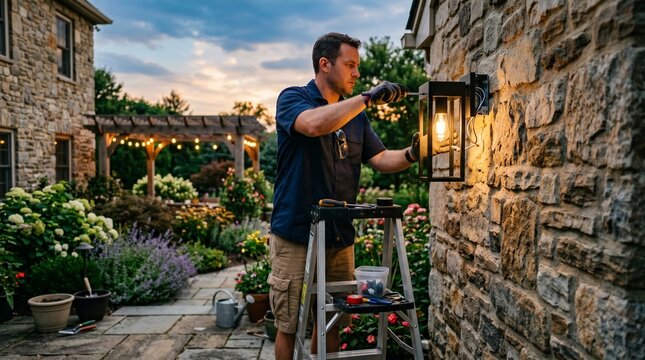 Man Installing Outdoor Lighting