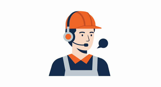 Technical Support Worker Wearing Hard Hat and Headset Flat Illustration - Industrial Customer Service and Engineering Communication Concept