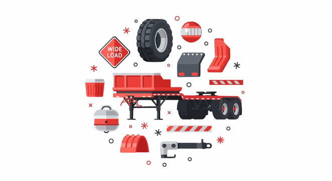 Heavy Duty Semi-Truck Trailer and Transport Equipment Vector Illustration. Industrial Parts, Logistics, and Wide Load Safety Icons on White Background