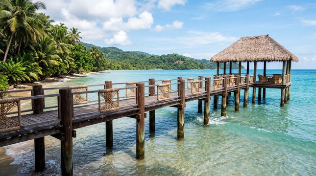 Rattan Accented Tropical Jetty at High Tide with Turquoise Waves for Relaxing Island Escapes