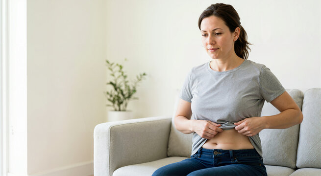 Woman sitting on sofa lifting shirt to show abdominal scar. Female patient looking at stomach after surgery. Healthcare and recovery concept. Copy space for text