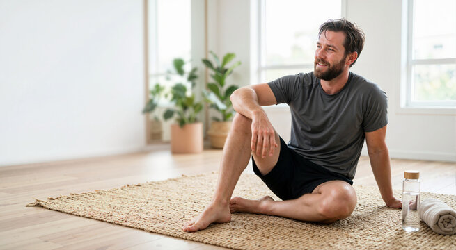 Sweaty man resting on a floor mat after a home workout. Adult male sitting with a water bottle and towel in a bright room. Fitness and healthy lifestyle concept