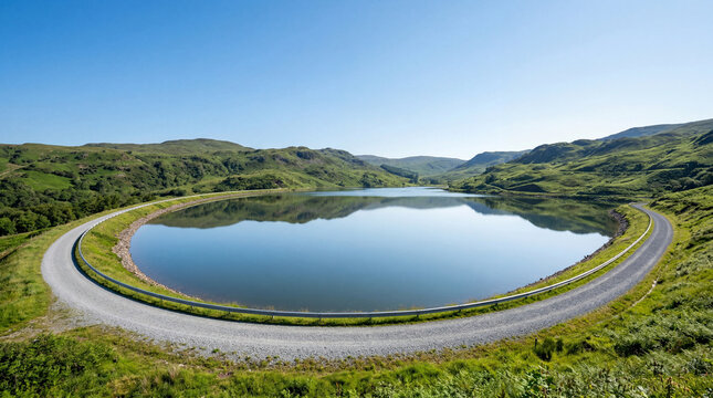 Glassy Water Reservoir Under Clear Blue Sky Surrounded by Rolling Green Hills Landscape View