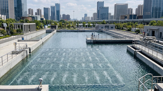 High Tech Urban Water Treatment Reservoir With Submerged Aeration Systems and Sustainable Infrastructure Design