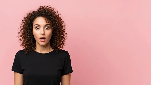 Surprised woman with curly hair against pink background