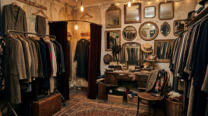 Naklejka premium Moody Vintage Dressing Room in Thrift Costume Shop With Organized Clutter and Cinematic Retro Atmosphere