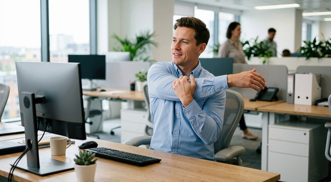 Smiling businessman stretching his arm at his desk in a modern office. Adult male employee taking a healthy break from computer work. Workplace wellness concept