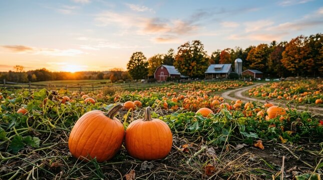 Pumpkin patch at sunset with farm in background