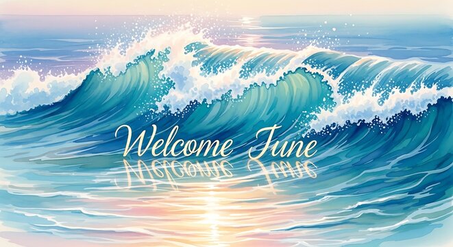 Ocean wave with welcome text overlay on turquoise water.