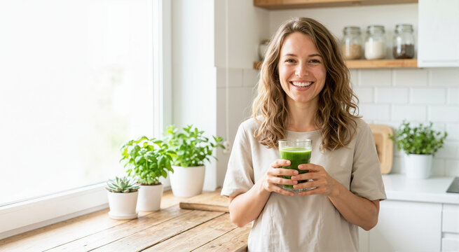 Smiling young woman holding a green smoothie in a bright kitchen. Cheerful female enjoying a healthy detox juice. Wellness and clean eating concept
