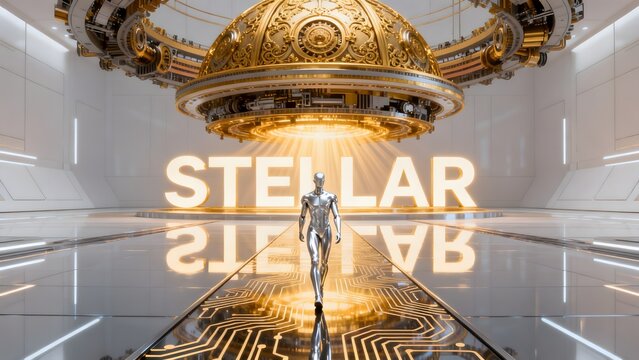 Futuristic robot in golden chamber