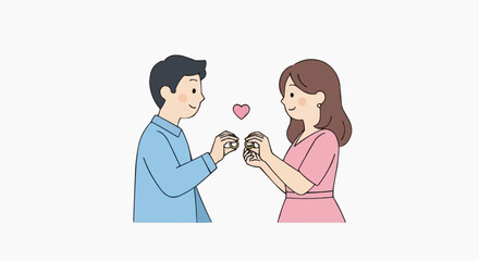Fototapeta premium Young couple exchanging heart-shaped gift in romantic gesture illustration