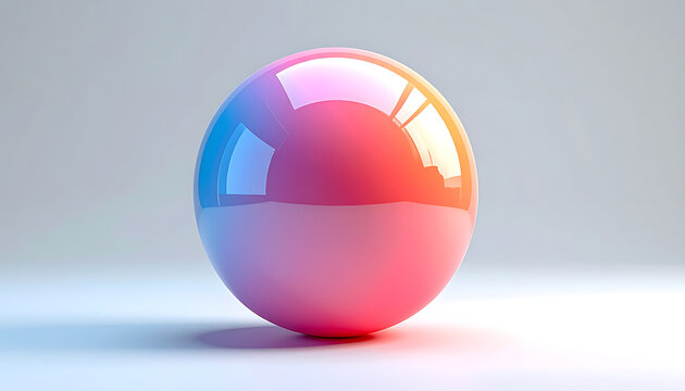 Glossy sphere with vibrant gradient of pink, blue, and orange reflecting light, set on a clean, minimalist surface, abstract, modern, 3d render