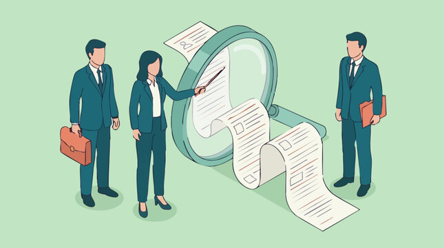 Business team analyzing documents with magnifying glass, isometric illustration