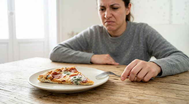 An unhappy woman looks at a piece of spoiled, moldy pepperoni pizza with disgust. The woman pushes the plate away from her. Disgust with spoiled food