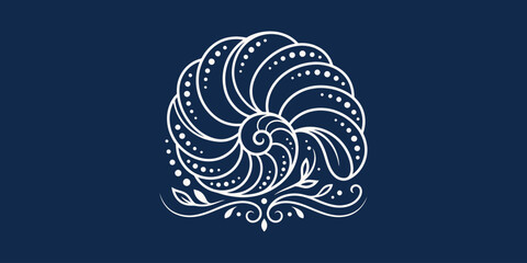 White stylized nautilus shell line art illustration with floral accents on dark blue background © Dumai777