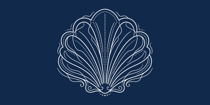 White line art seashell illustration with decorative swirls on a dark blue background