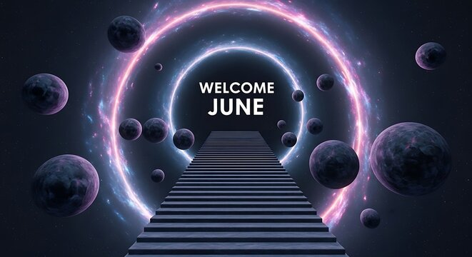 Welcome June greeting with futuristic digital portal and hands.