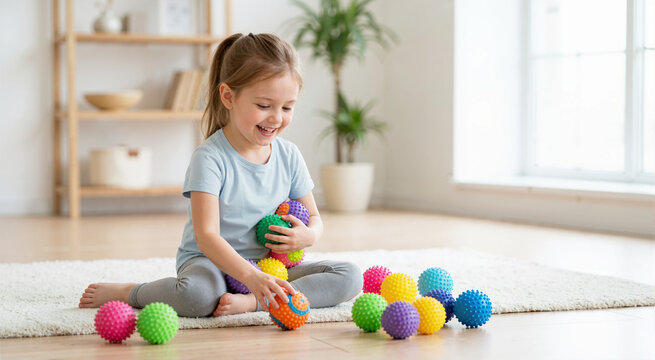 Cheerful little girl playing with colorful textured sensory balls on a white rug. Child development and occupational therapy motor skills concept