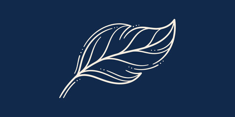 Minimalist hand drawn feather line art illustration on dark blue background © Dumai777
