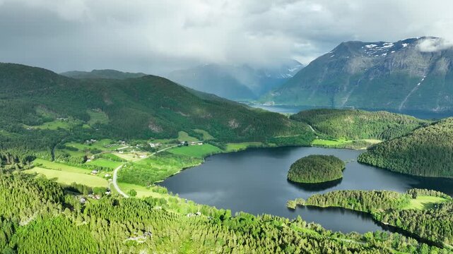Aerial shot of the amazing landscapes along the coast of Norway
