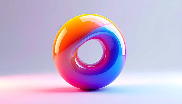 Glossy torus shape with vibrant gradient colors of orange pink and purple, smooth surface, abstract 3d render, modern geometric design
