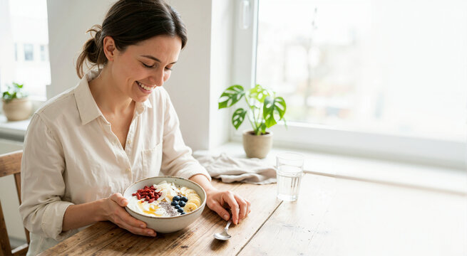 Smiling woman holding a healthy yogurt bowl with fresh fruits and superfoods. Female eating a nutritious breakfast at a wooden table