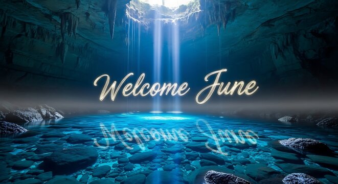 Serene winter forest scene with icy blue waterfall and welcome text.