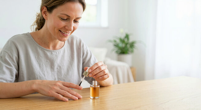 Smiling woman applying cuticle oil to her nails at a wooden table. Female daily beauty routine and hand care at home